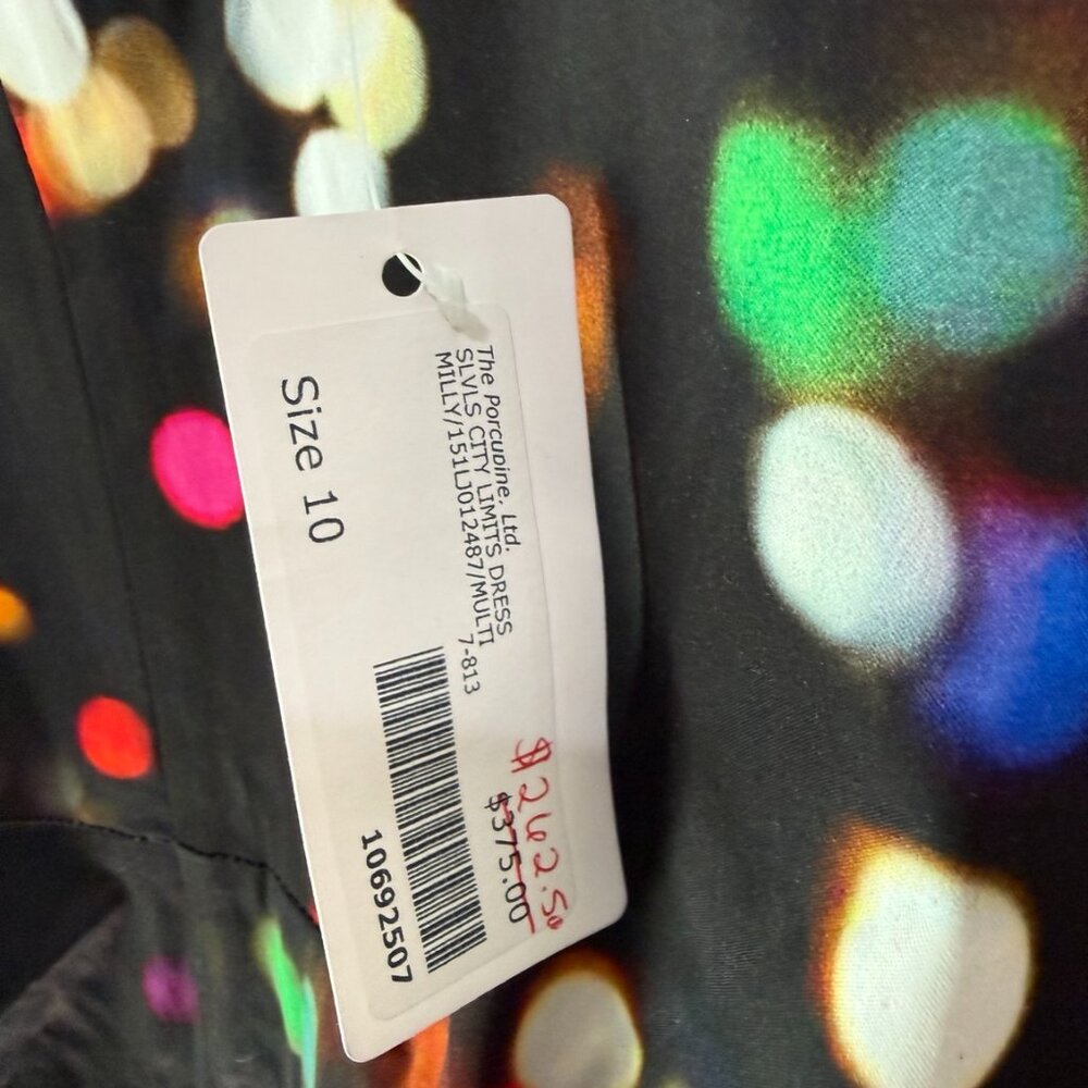 MILLY Dress Size 10 Black Multicolor Bokeh Print Cocktail Sleeveless Sheath NWT - Picture 3 of 9